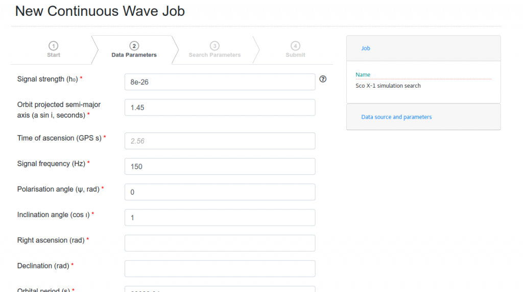 Screenshot of one form of the prototype, allowing astronomers to enter the parameters for the search they’re doing. As well as passing these parameters on to the pipeline, the virtual laboratory prototype keeps track of what jobs have already been run, so that results can be duplicated and shared between scientists. 